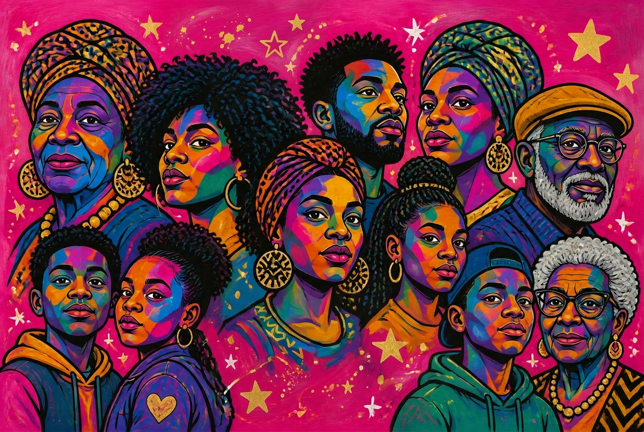 A mural of community portraits
