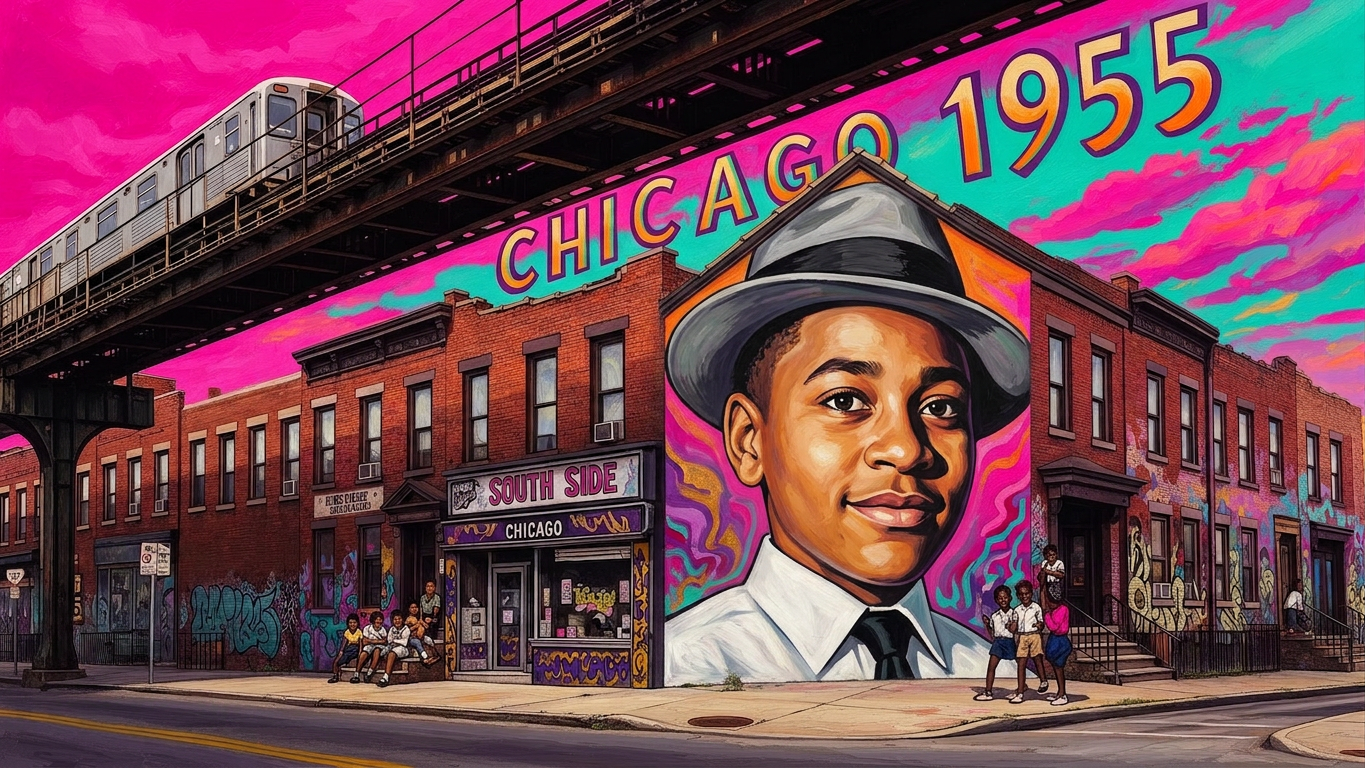 A living mural of South Side Chicago in 1955 — El train, brick three-flats, painted portrait of a young Black boy